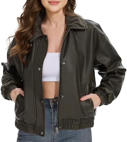 Women's Fashion 90s Leather Jacket Oversized Leather Bomber Jacket